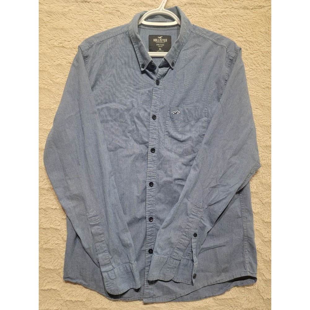Hollister Epic Flex Muscle Fit Blue Stretch Button Down Shirt Mens XL LS